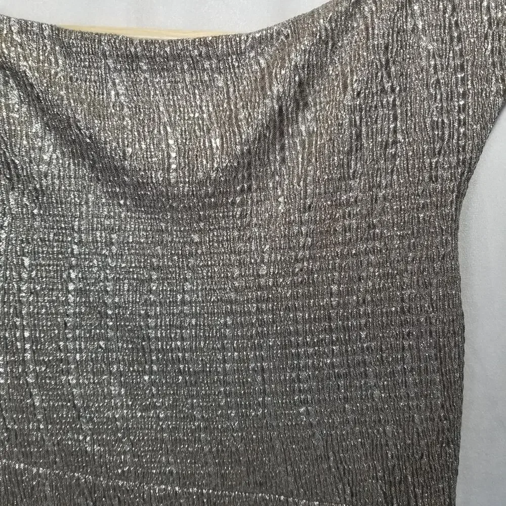 Connected Apparel Dress 10 Medium Silver Drape Faux Wrap Ruched Cocktail